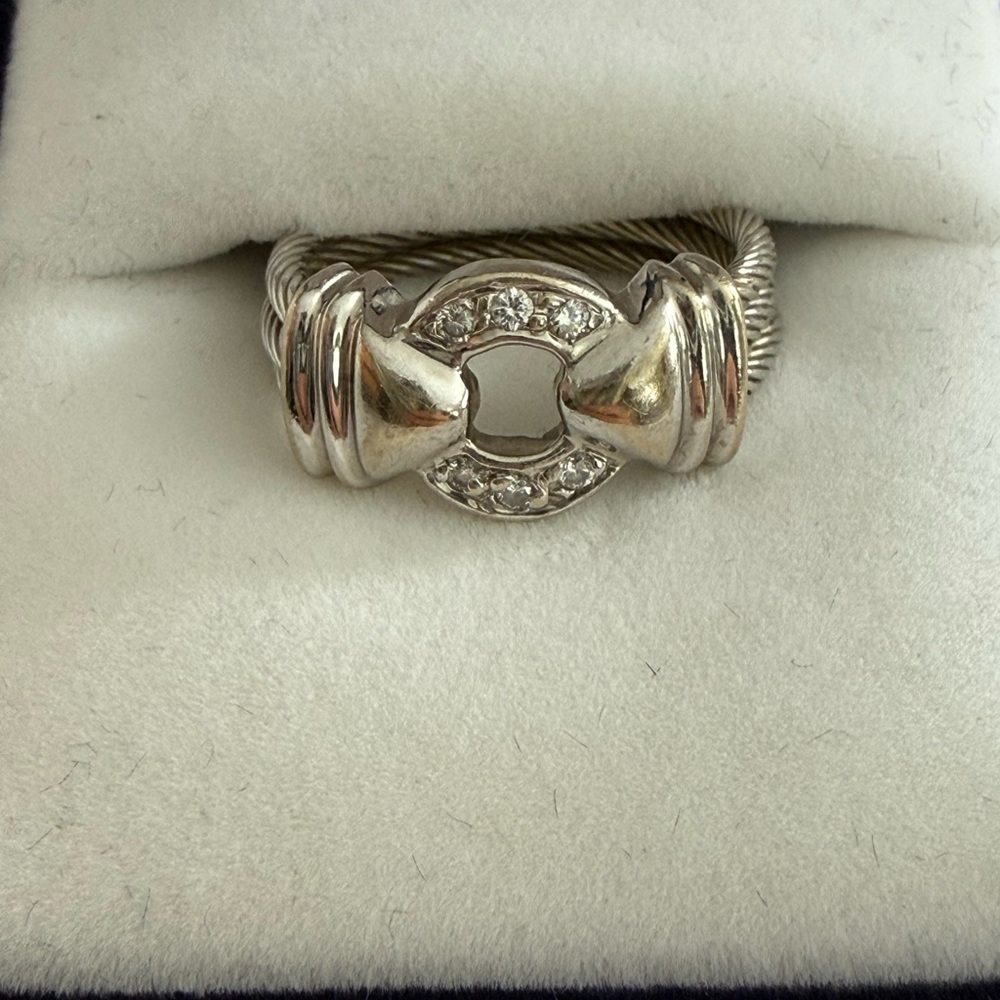 Philippe Charriol 18K White gold cable ring with Pave diamonds. 5.5